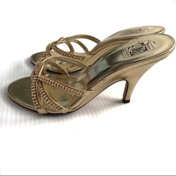 Special Occasions by Saugus Shoe Gold Heels with Rhinestone Accents size 7 slide - Picture 1 of 9
